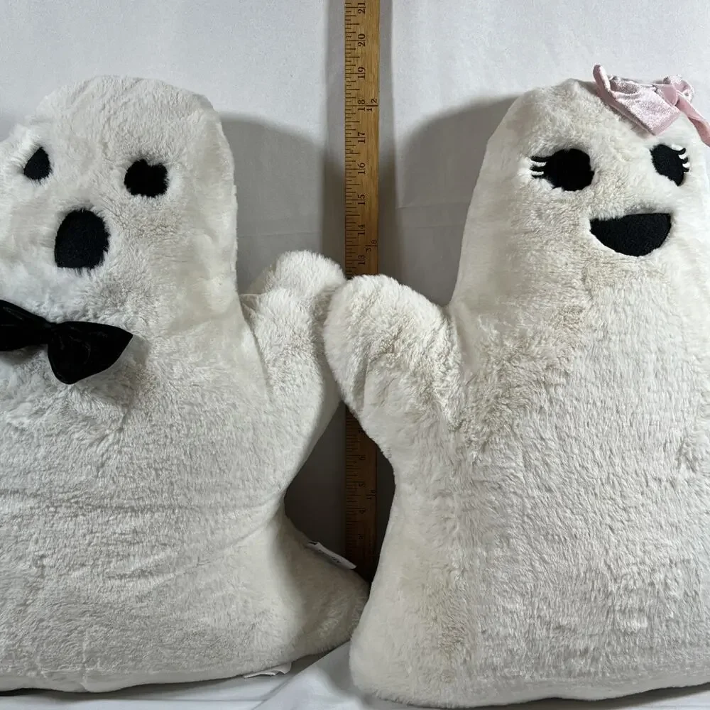 Martha Stewart 2 BIG Halloween Decor Ghost Pillows 18” Boy Girl Mr Mrs Pink Bow